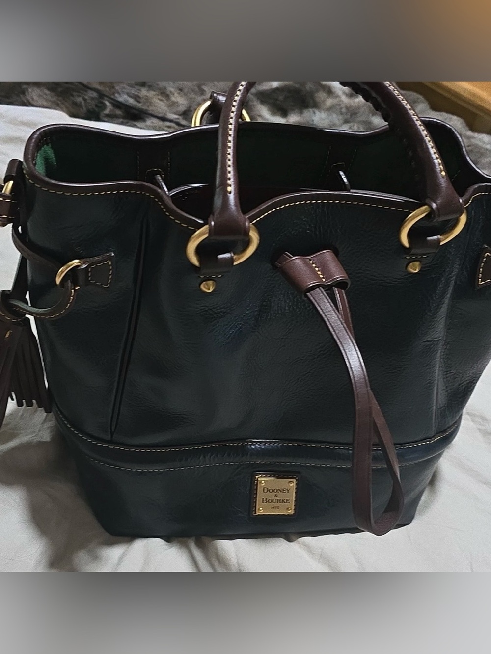 Dooney & Bourke Deep Teal Drawstring Satchel Gold Hardware Tassel Accent EUC - Picture 3 of 9